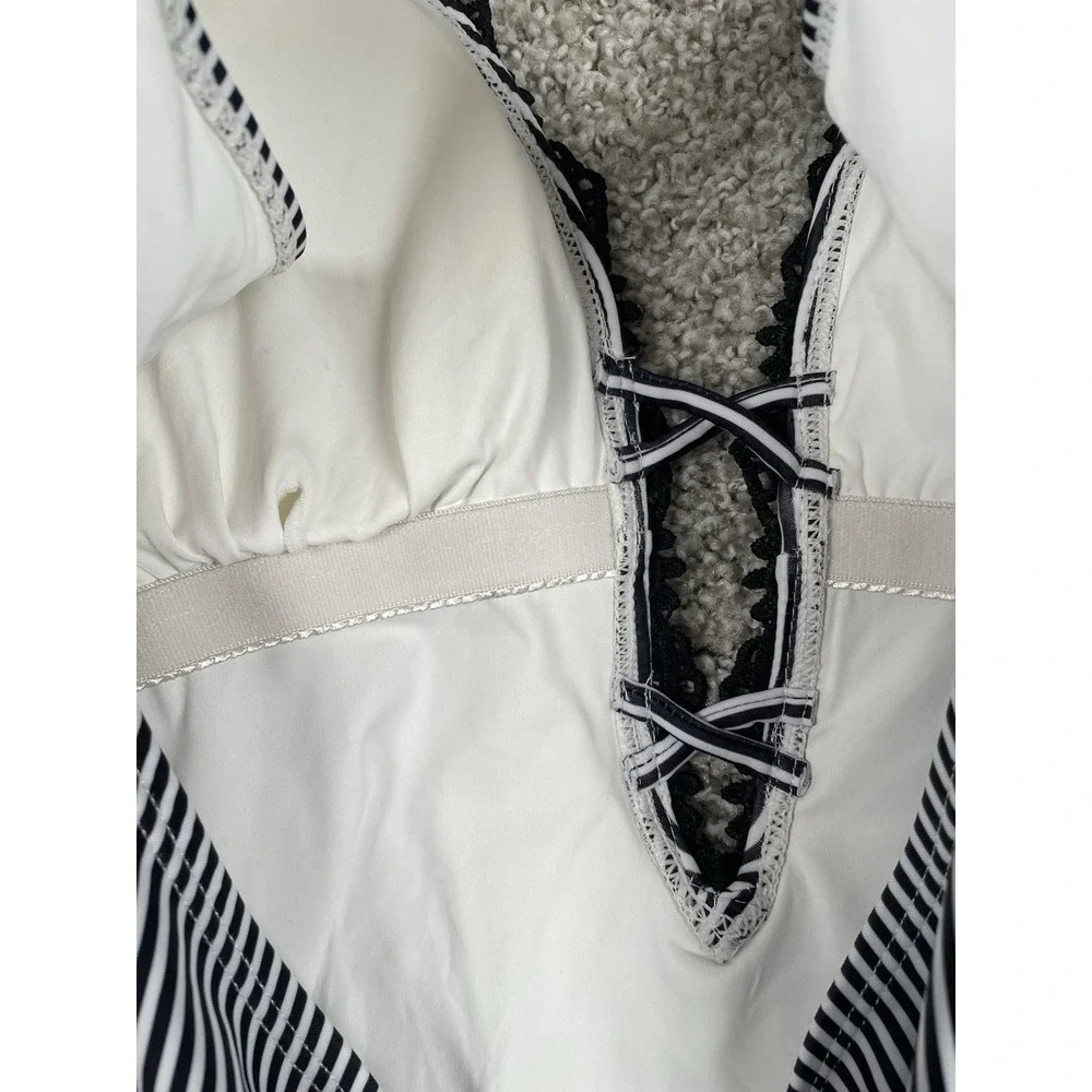 Cupshe Wish You Well One Piece Swimsuit 0X Black White Striped Lace Plunge NWT
